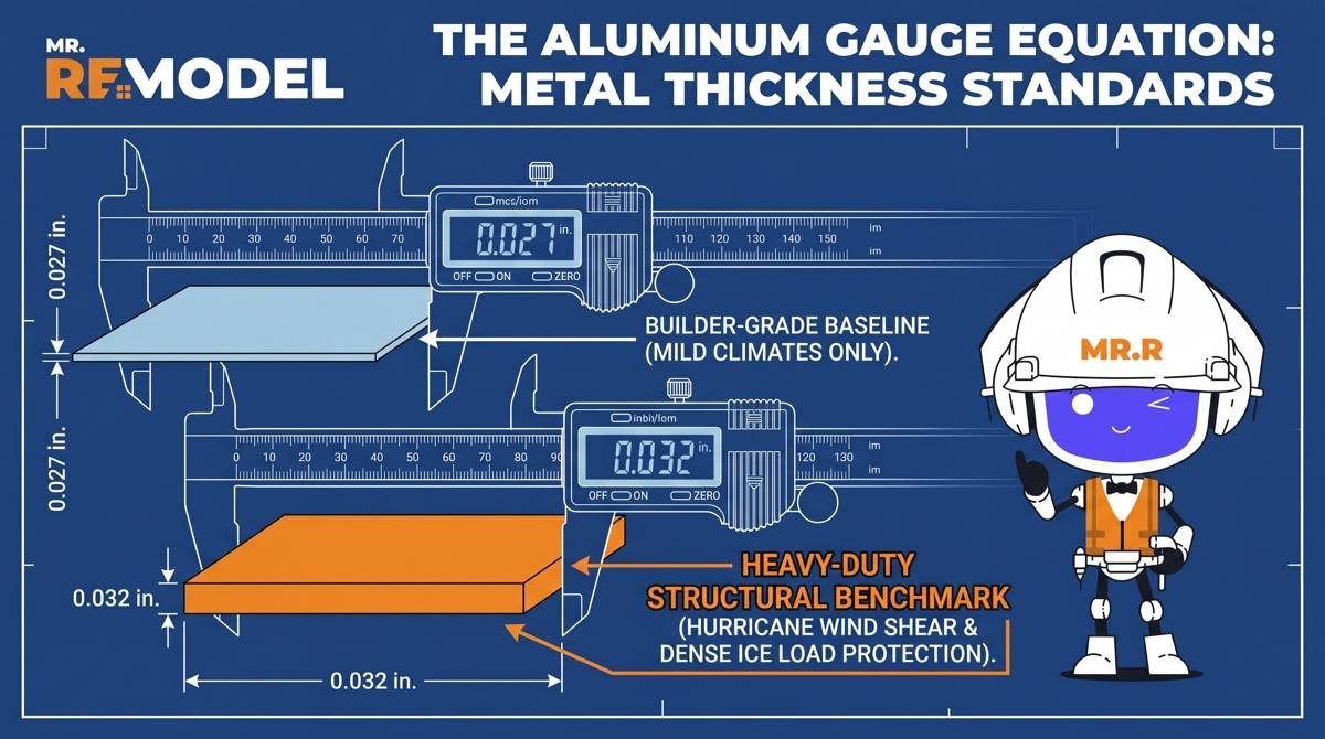 A technical material-science infographic highlighting the structural and climate-resilience differences between .027 builder-grade and .032 heavy-duty aluminum gutter gauges.